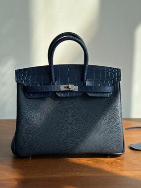 Luxe Royal Blue Togo Leather Satchel / with Silver Hardware